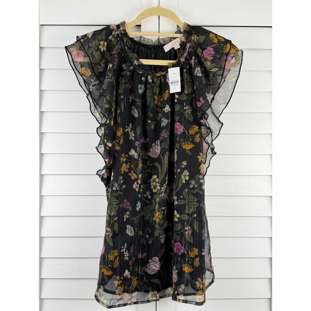 LOFT Blouse XL Black Floral Flutter Sleeve Metallic Stripe NEW